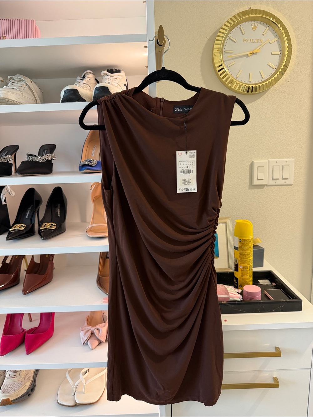 Zara One-Shoulder Chocolate Brown Ruched Dress